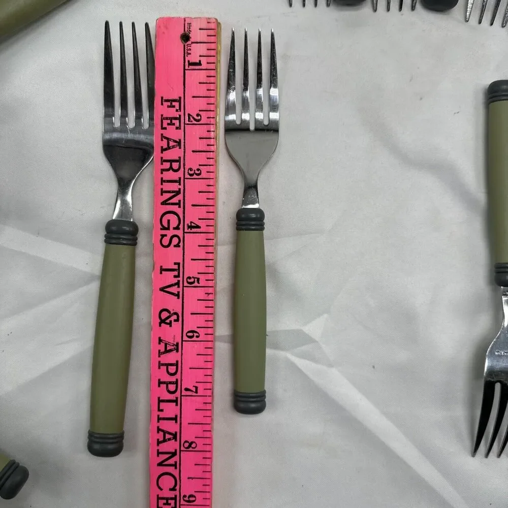 Pfaltzgraff SPHERE Stainless Plastic Charcoal Green Flatware Set Flaws 46 Pieces